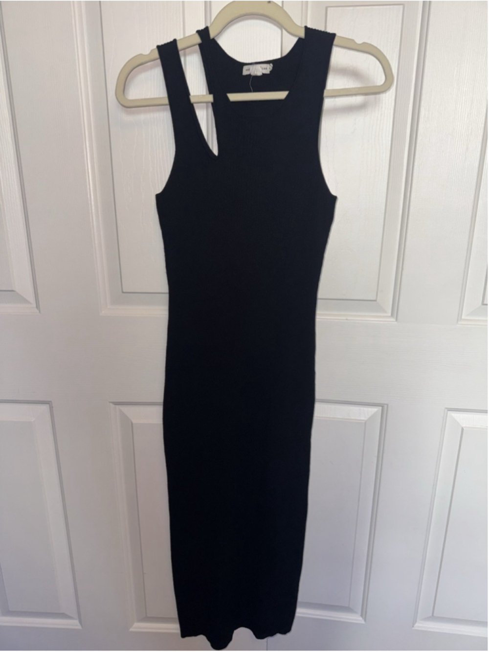 Good American Black Ribbed Knit Bodycon Midi Dress Racerback Size 0 Night Out